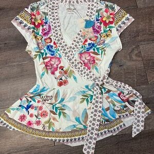 Johnny Was Multicolor Floral Wrap Tankini Swim Top